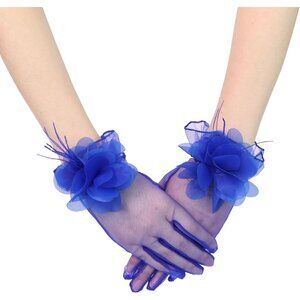 Women's Tulle Floral Short Royal Blue Gloves Flower Design Tea Party Accessories